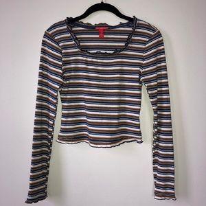 Long Sleeve White Blue & Brown Striped Top
